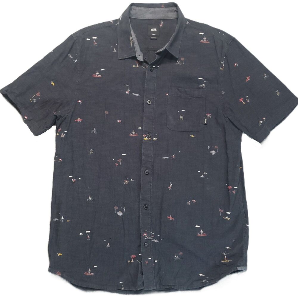 Vans Shirt Mens L Short Sleeve Button Up Black Tres Palmas Beach Scenes Print - Picture 2 of 12